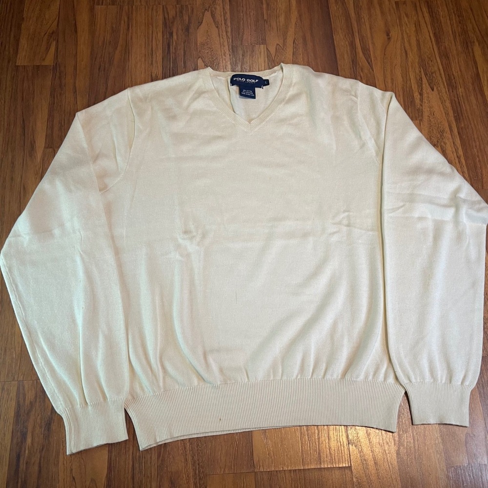 Polo Golf Ralph Lauren Sweater Mens Large V-Neck Cotton Cashmere Cream Off White